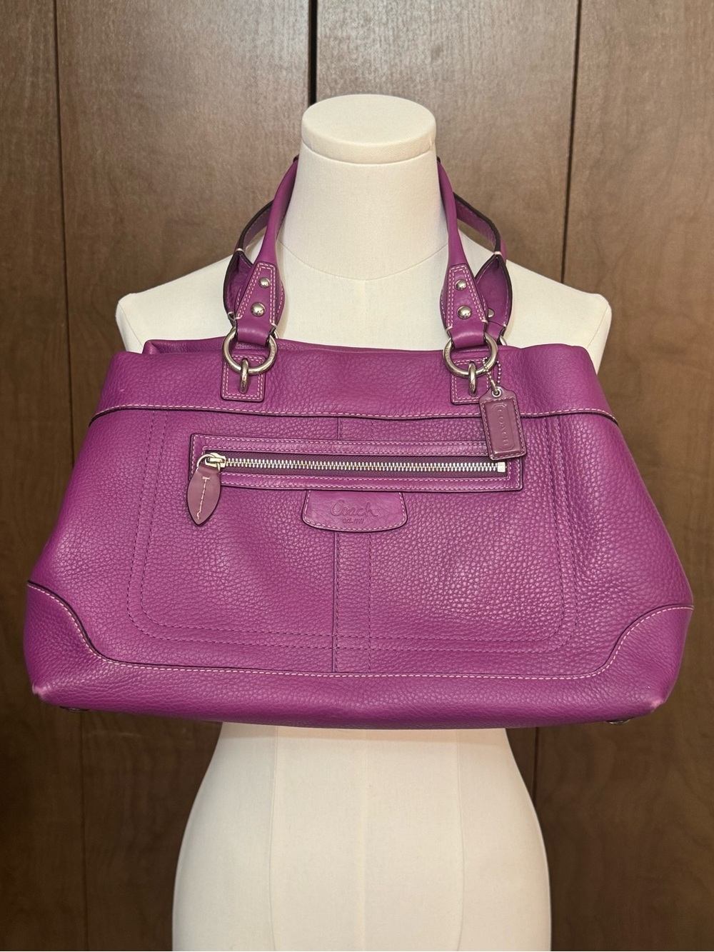 Coach Pebbled Leather Shoulder Tote in Plum